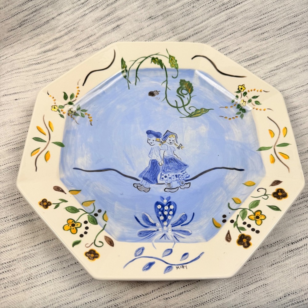 Vintage Hand Painted Octagonal Plate Quimper Style Signed Dutch Figures Flowers‎